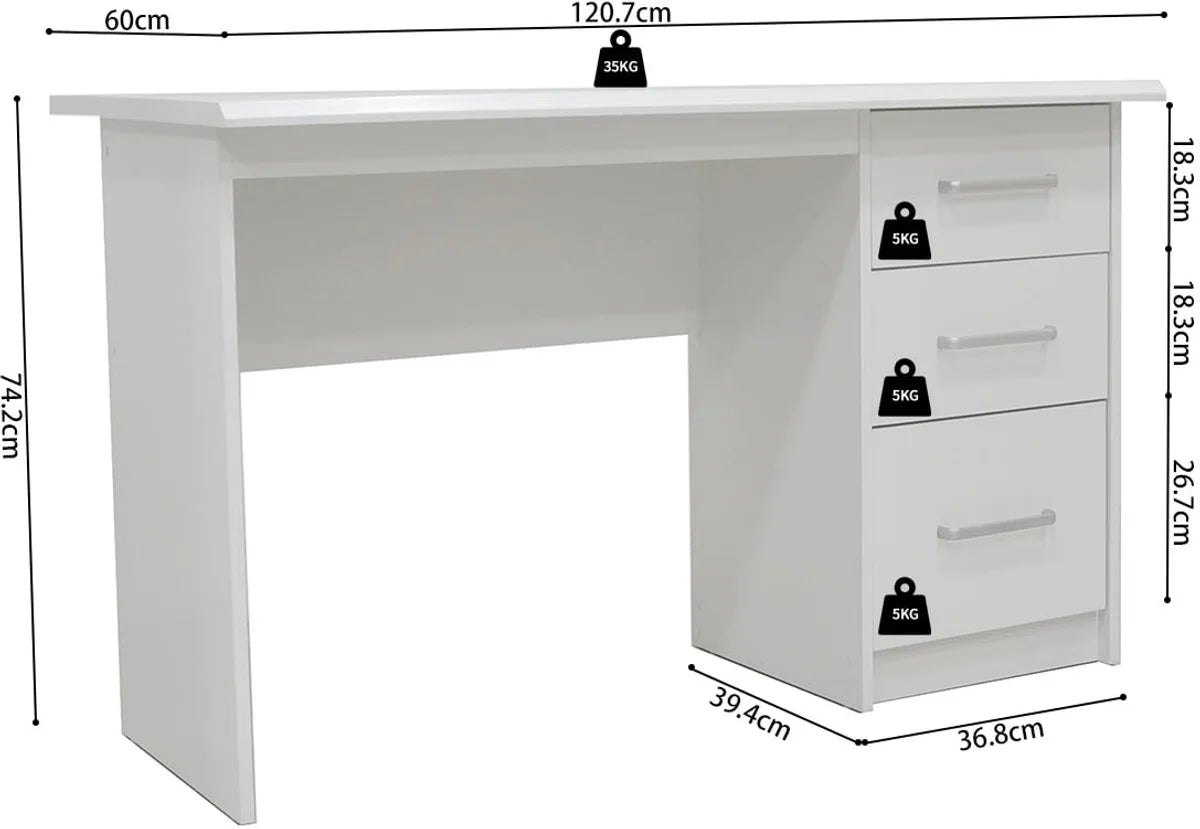 Bureau Rinke Wit - MDF - 121x60cm - With storage space - Height 75 cm - With drawers