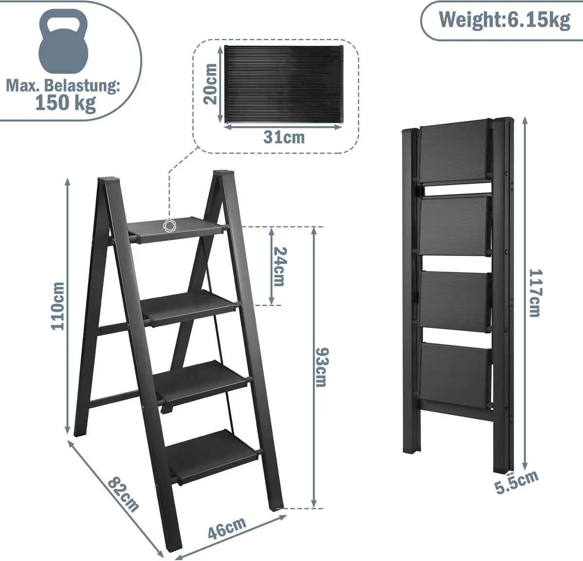 Trapladder Opvouwbare ladder 4 Treden Keukentrap Inklapbaar - Antislip - Trap Ladder Alu Zwart