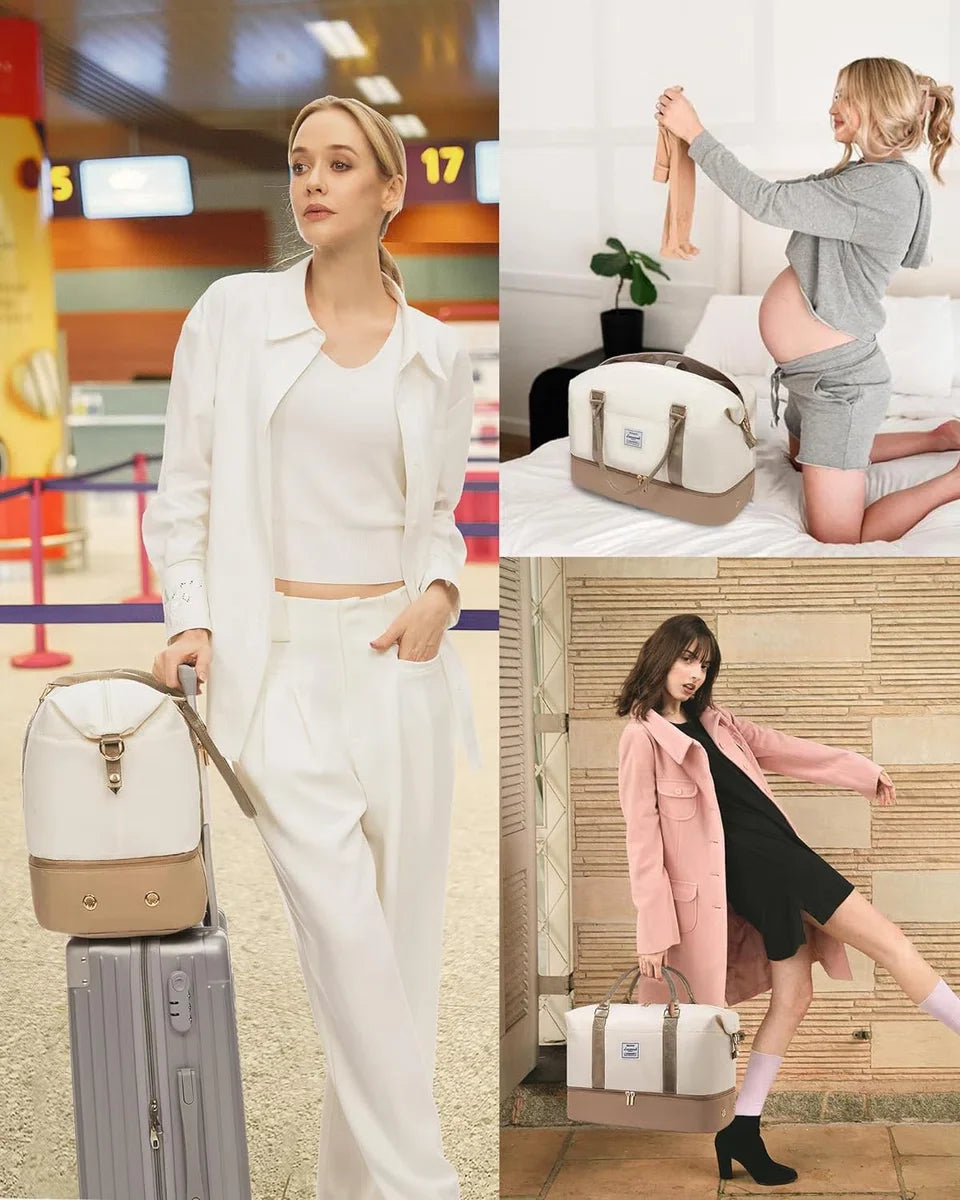 Women's Travel Bag 2 Piece - Beige/Brown - Large Weekend Bag with Toiletry Bag - Carry-on Bag, Sports Bag, Shoulder Bag - 46 x 22 x 41 cm - Handbag with Shoulder Strap - Gold Details - Water Resistant - Shoe Compartment - 2-Piece Travel Set