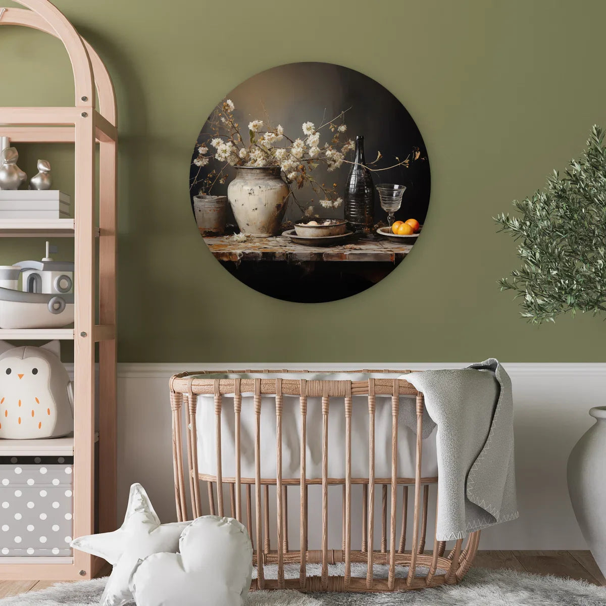 WallCircle® Wandcirkel 60x60 cm - Muurcirkel Stilleven - Bloemen - Boeket - Vaas - Wijn - Kunst - Muurdecoratie woonkamer - Wanddecoratie slaapkamer - Keuken - Kamer decoratie accessoires - Ronde schilderijen - Woonaccessoires
