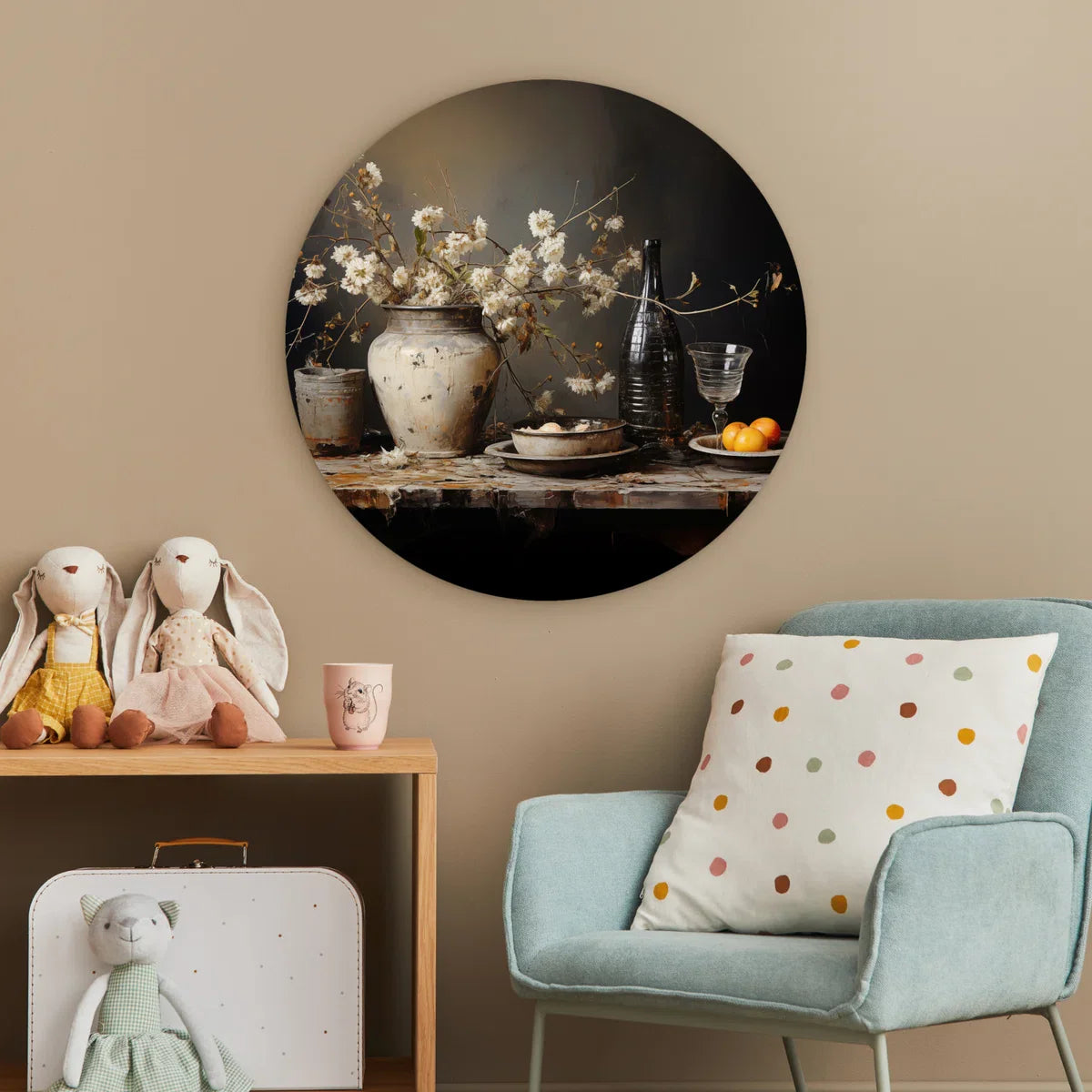 WallCircle® Wandcirkel 60x60 cm - Muurcirkel Stilleven - Bloemen - Boeket - Vaas - Wijn - Kunst - Muurdecoratie woonkamer - Wanddecoratie slaapkamer - Keuken - Kamer decoratie accessoires - Ronde schilderijen - Woonaccessoires