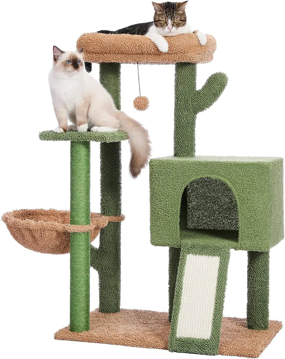Cat Scratching Post 104 cm Modern Cactus Plush Cat Scratcher for Adult Cats with Larger Cave, Removable Top Bed, Dangling Ball, Sisal Rope, Green.
