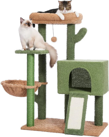 Krabpaal voor katten 104 cm Moderne Cactus Pluche Krabpaal voor volwassen katten met grotere grot, verwijderbaar bovenbed, wiebelende bal, sisal touw, groen.