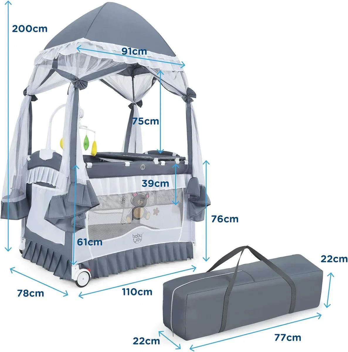 Children's travel cot, foldable, travel cot, collapsible with toys and mosquito net and music, mobile baby cot with carrying bag, cot, folding bed for nursery, travel cot baby (grey)