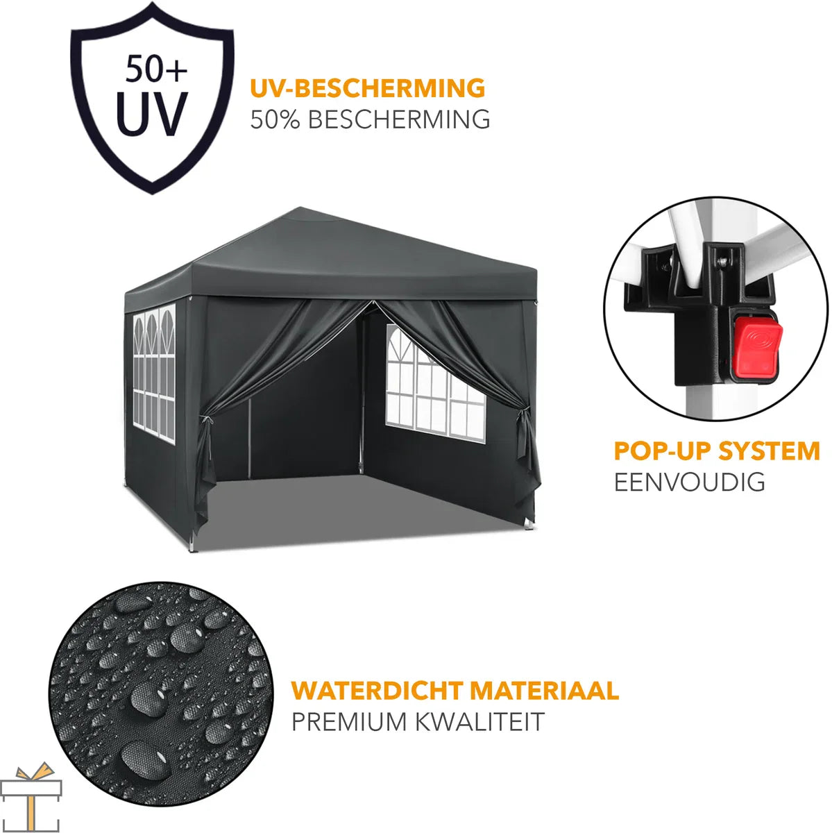 Happyment Partytent met zijwanden - Antraciet - Opvouwbaar - Easy up - Paviljoen - Waterdicht weerbestendig - 3x3 m