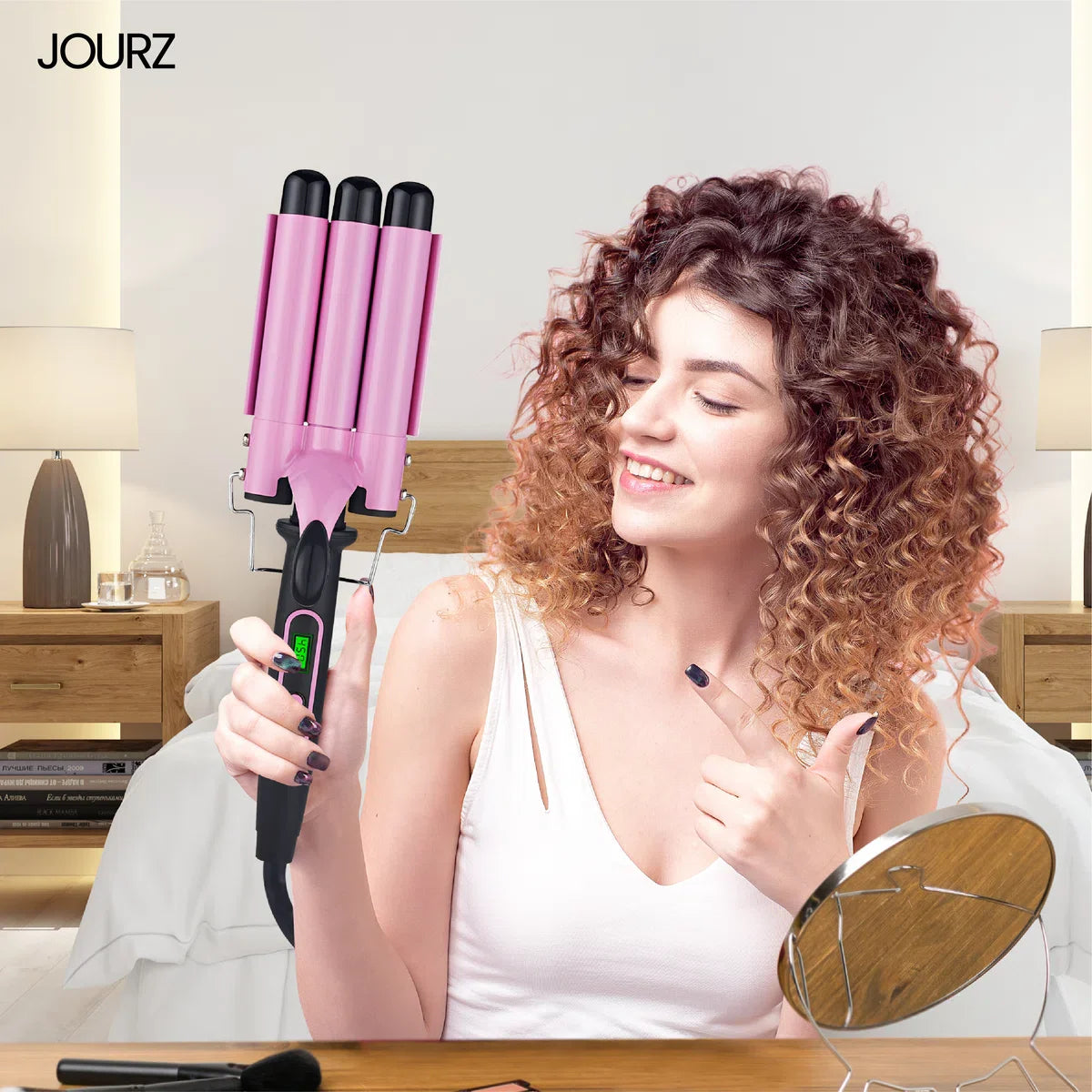 Jourz Wafeltang - 3 Stangen - Krultang Haar - Golvenkrultang - Beach Waves - Wave Krultang - Waver - Hair Curler - Curling Iron - Met Beschermingshandschoen - Zwart/Roze