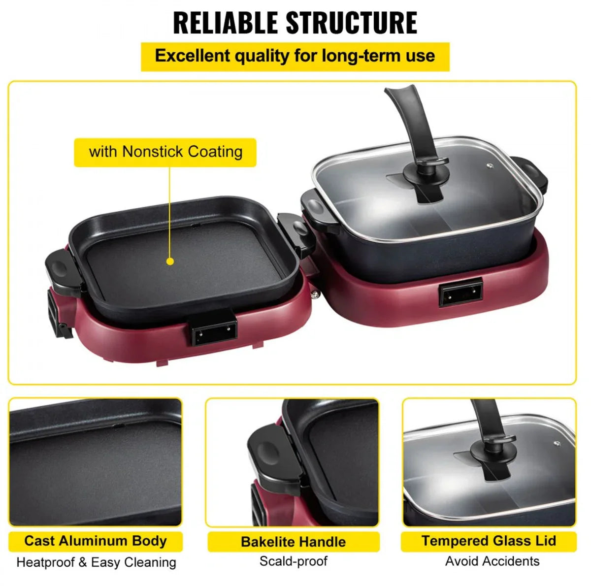 2-in-1 BBQ Grill Hete Pot 2100W Multifunctionele Elektrische Grill Hotpot 70x29x25,5 cm Grill Binnen Hotpot van Gegoten Aluminium en Gehard