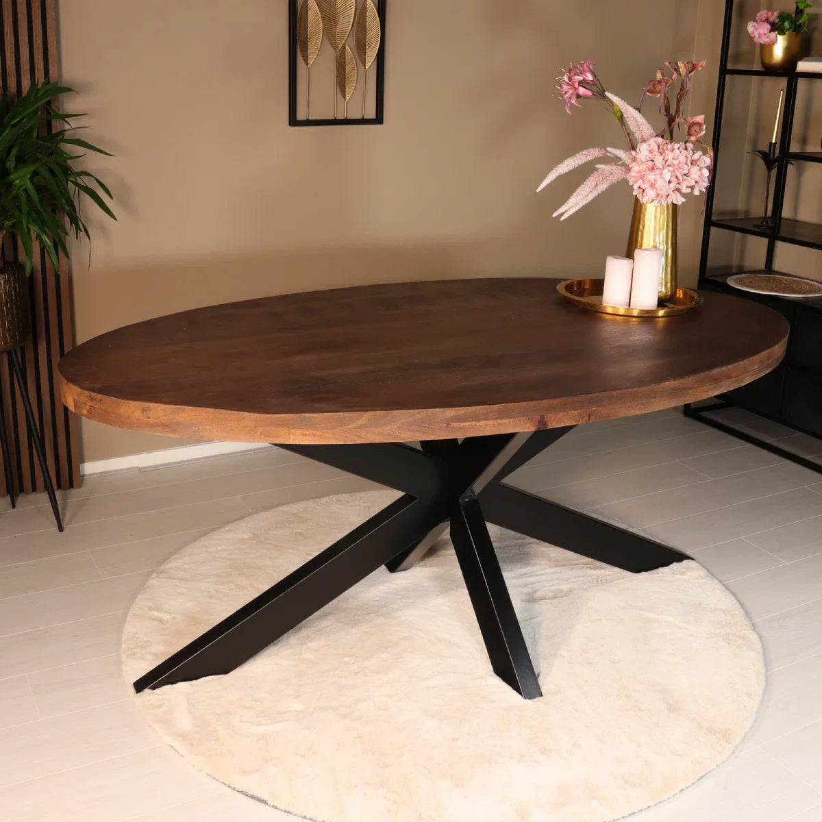 Eettafel ovaal mangohout 180cm James bruin - ovale industriële tafel duurzaam mango eetkamertafel