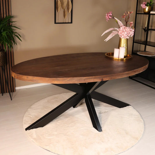 Eettafel ovaal mangohout 180cm James bruin - ovale industriële tafel duurzaam mango eetkamertafel