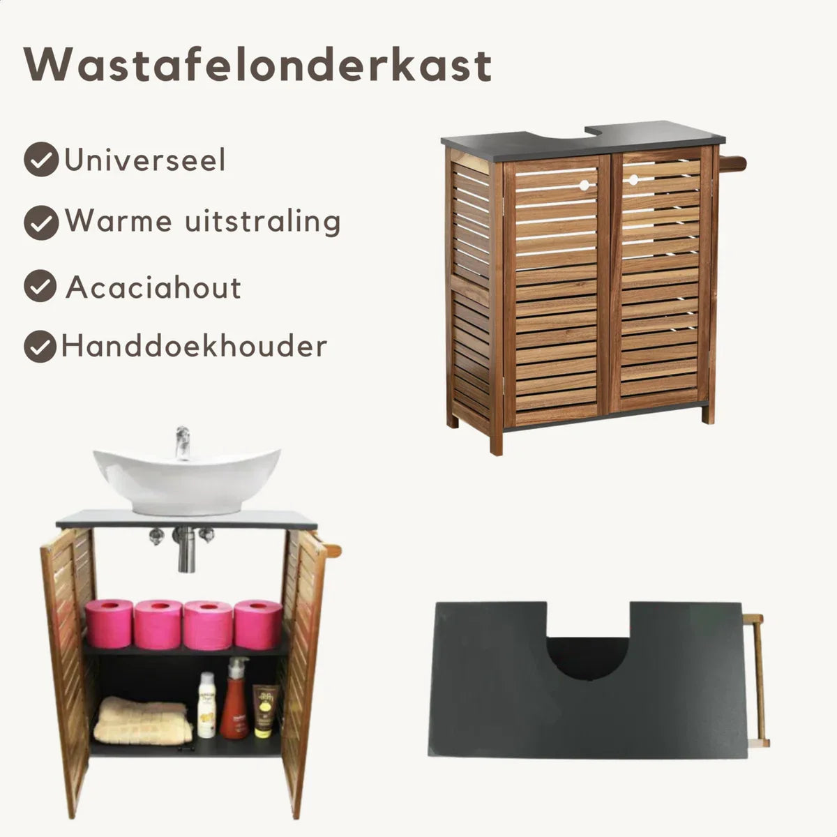 Halmstad - Wastafelonderkast - Wastafelmeubel - Badkamerkast - Met handdoekhouder - Acacia - H70 x B66 x D30