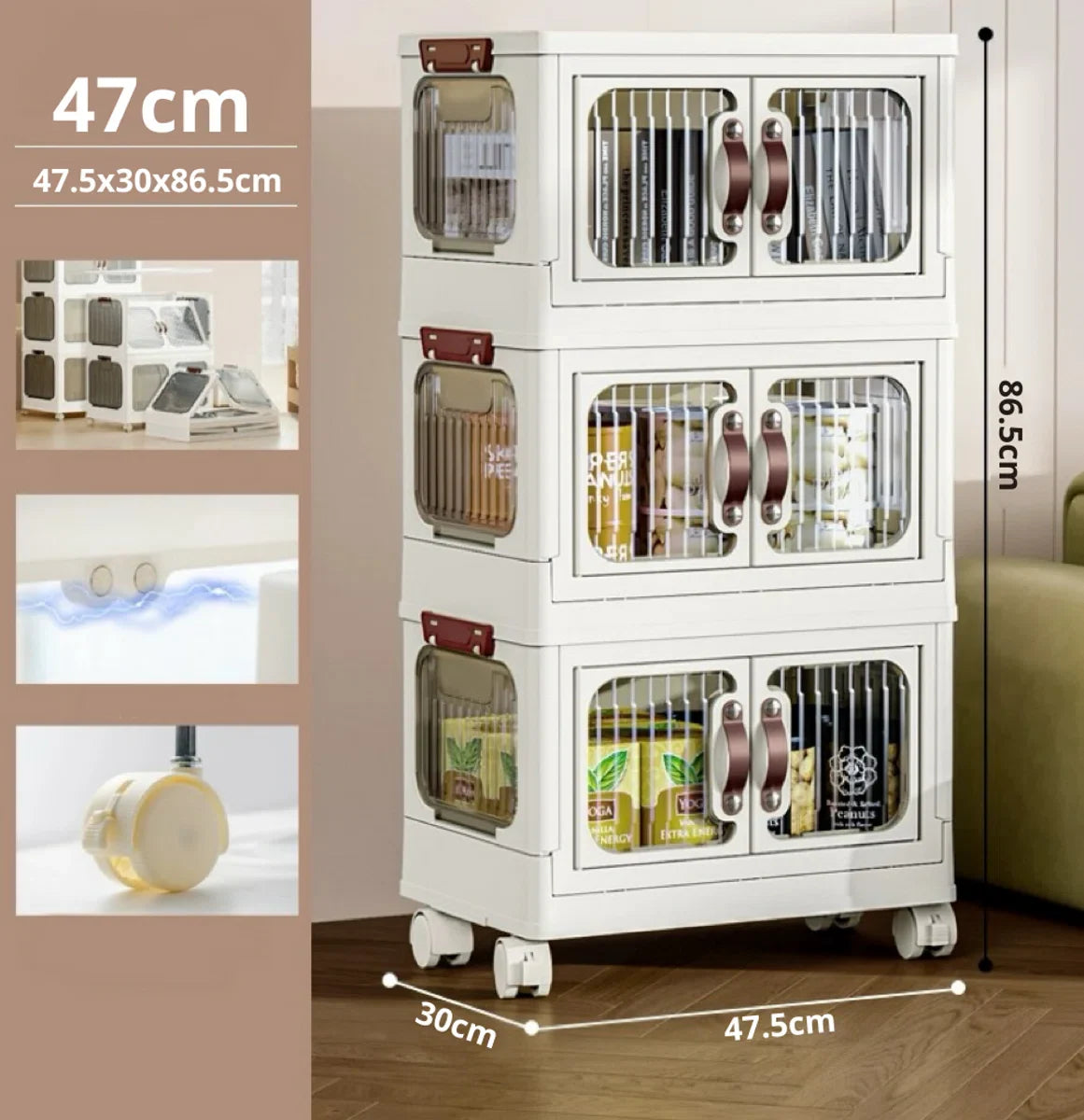 Storage boxes - Storage boxes with lid - Storage box - Storage cabinet - Foldable - Storage cabinets with doors - With wheels - Width 47cm - 3 layers - Storage - Organizer - Tidy up - Kitchen - Bathroom - Living room - Bedroom