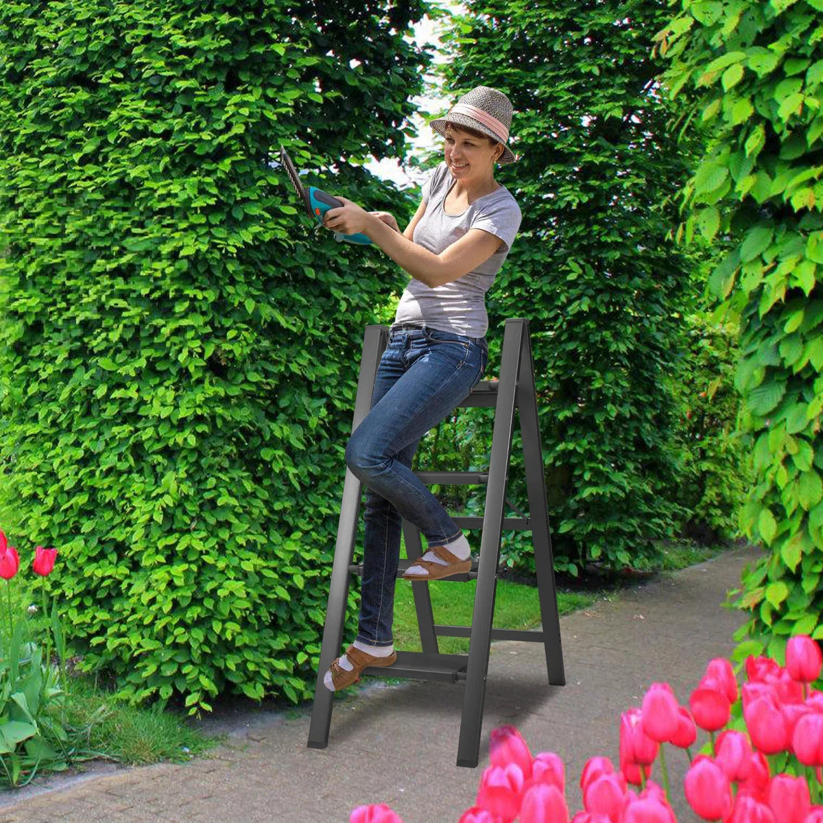 Trapladder Opvouwbare ladder 4 Treden Keukentrap Inklapbaar - Antislip - Trap Ladder Alu Zwart