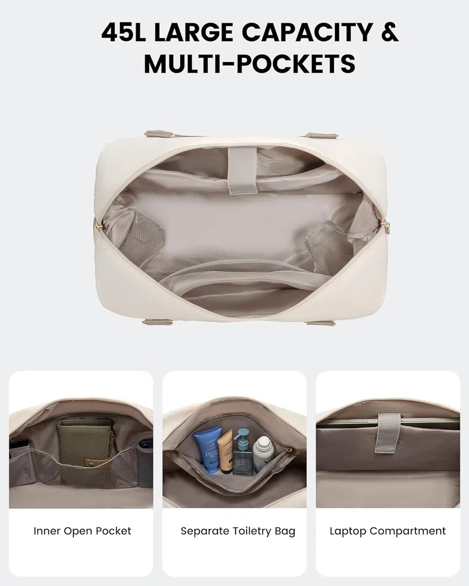 Women's Travel Bag 2 Piece - Beige/Brown - Large Weekend Bag with Toiletry Bag - Carry-on Bag, Sports Bag, Shoulder Bag - 46 x 22 x 41 cm - Handbag with Shoulder Strap - Gold Details - Water Resistant - Shoe Compartment - 2-Piece Travel Set