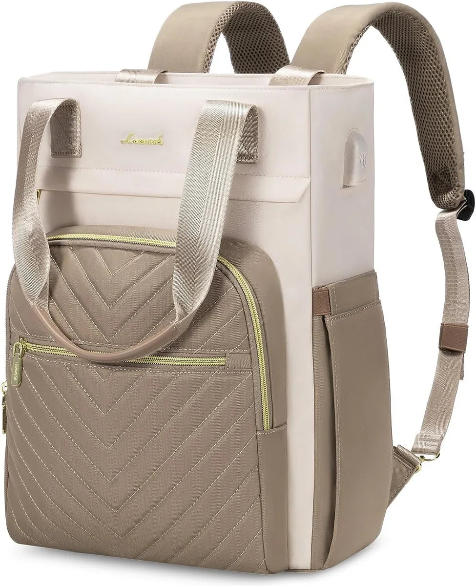 Laptoptas 15,6 inch - Beige/bruin - USB oplaadpoort - Laptop rugzak - 33 x 16 x 41 cm - Waterbestendig - Laptoprugtas 15,6 inch - Antidiefstalvak - Handtas met gouden details
