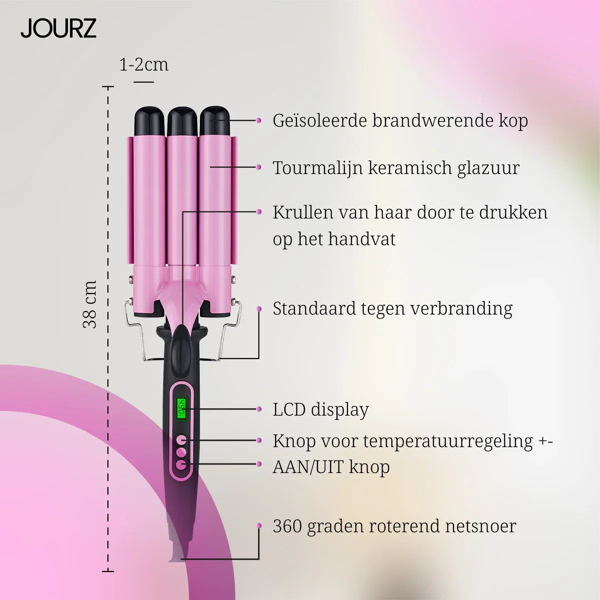 Jourz Wafeltang - 3 Stangen - Krultang Haar - Golvenkrultang - Beach Waves - Wave Krultang - Waver - Hair Curler - Curling Iron - Met Beschermingshandschoen - Zwart/Roze