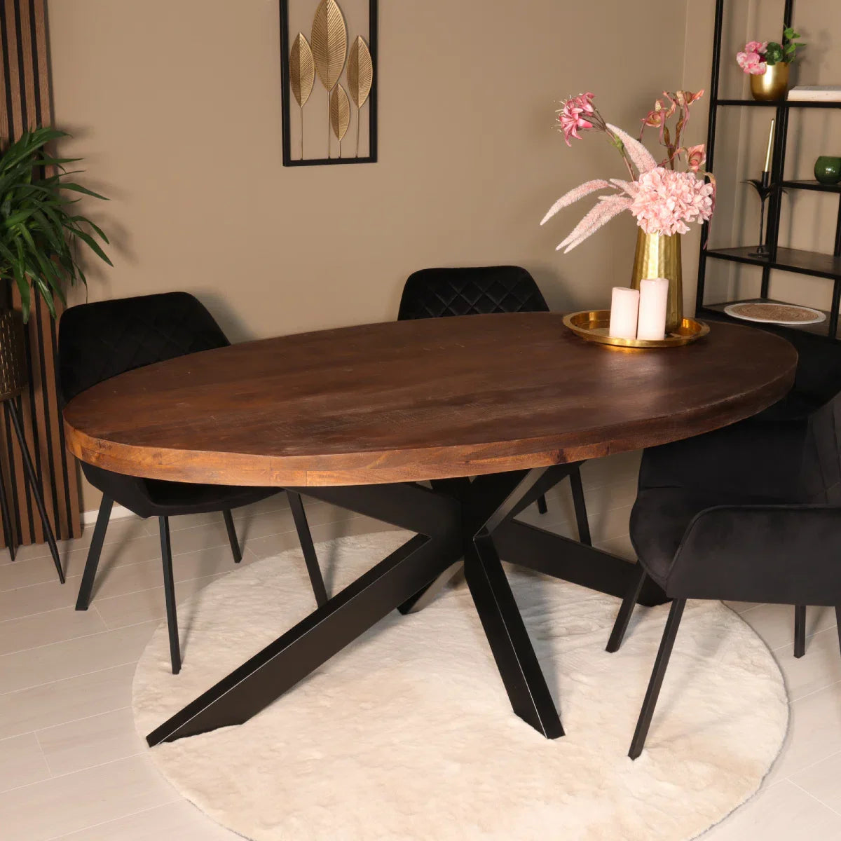 Eettafel ovaal mangohout 180cm James bruin - ovale industriële tafel duurzaam mango eetkamertafel