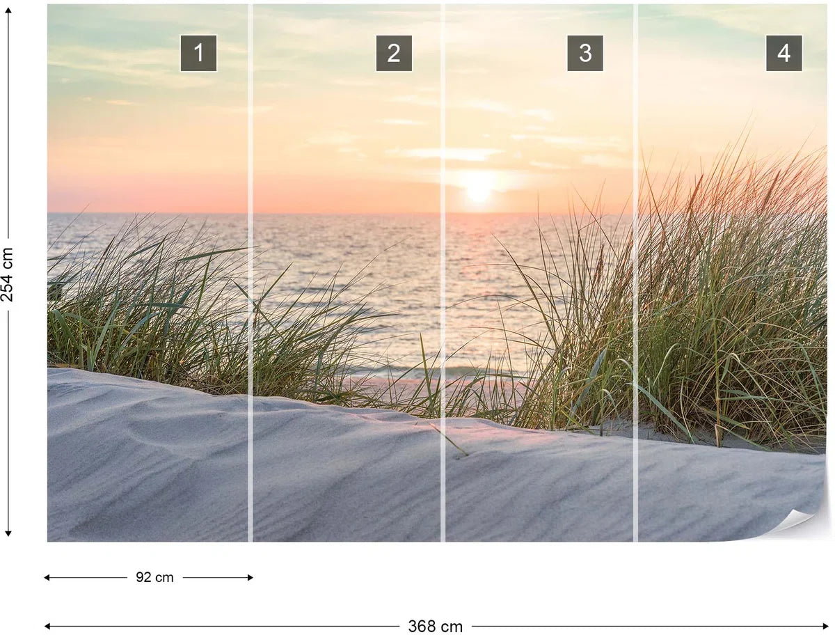 Fotobehang - Vliesbehang - Zonsondergang boven Zee - Strand - Duinen - 368 x 254 cm