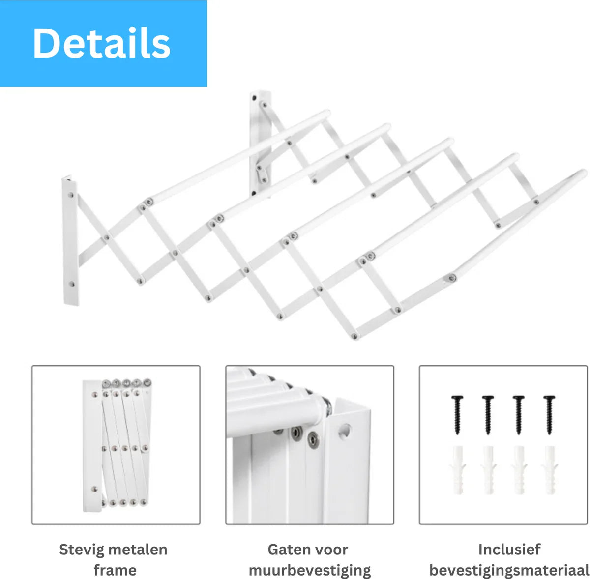 Wall-mounted drying rack - Foldable clothes rack - Drying rack - Extendable - White - 63.5 x 60 x 20 cm