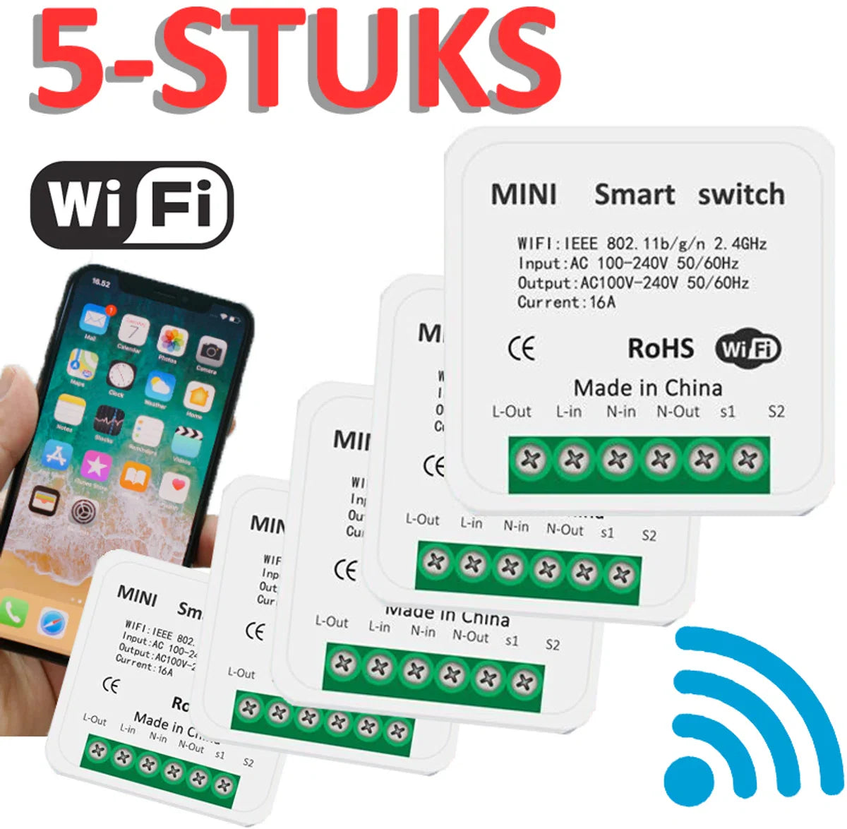 Mini Smart Switch | Slimme wifi inbouwschakelaar | 16A | 5 stuks