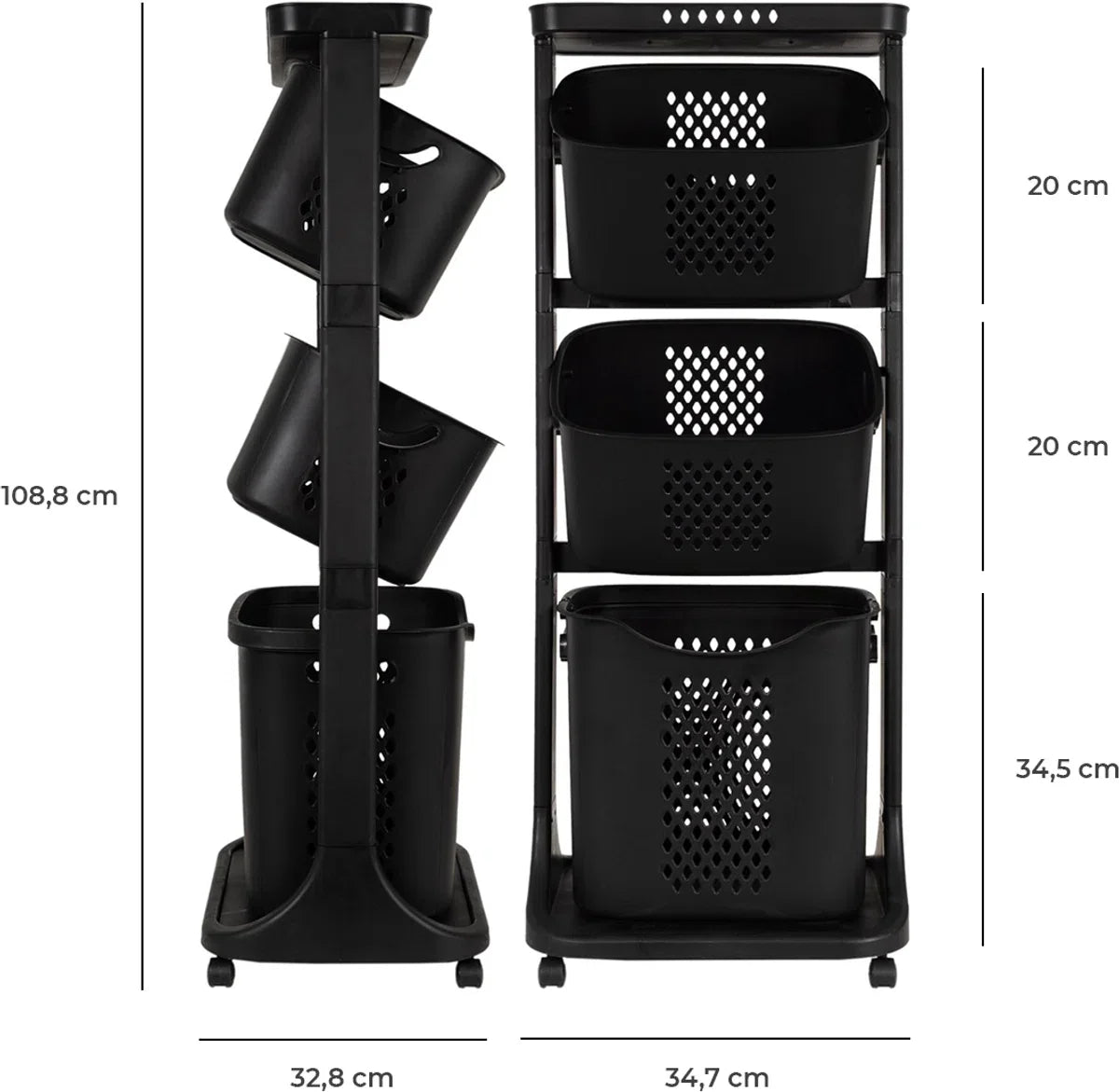 3-in-1 wasmand – Inhoud Grote Mand 38 L - Inhoud Kleine Mand 22 L – Wasbox organizer – Wassorteerder met 3 vakken – Kunststof – Zwart