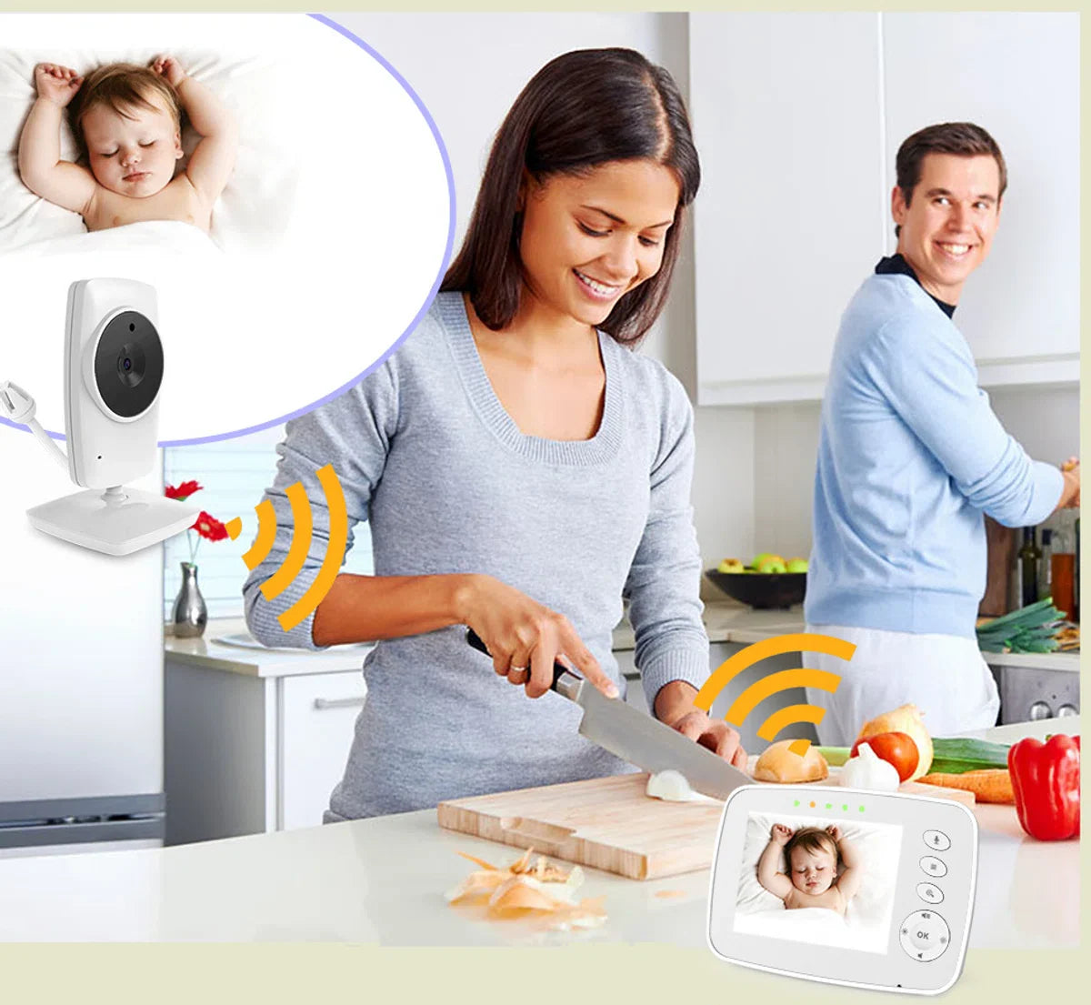 Wireless - Smart Electronic Baby Monitor - 3.2 inch HD - Wireless Motion Sensor Home Security Camera - 360° Manual Rotation - ECO Mode - Connect 4 Cameras - Suitable for Nursery, Living Room & Office