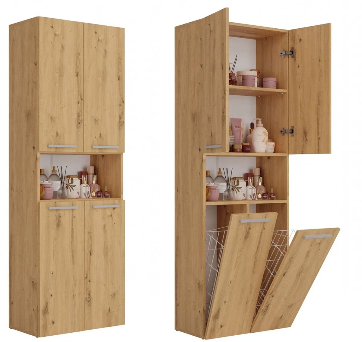 Bathroom Cabinet Storage Cabinet with 2 Laundry Baskets-Oak - Tall Cabinet