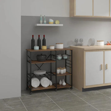 Keukeneiland - Keuken Eiland - Kookeiland Verplaatsbaar - Keukenblok Met Werkblad - Keukeneiland/bartafel - Magnetron Kast - Op Wielen - Tafel - 83x48x90 Cm - Bruin