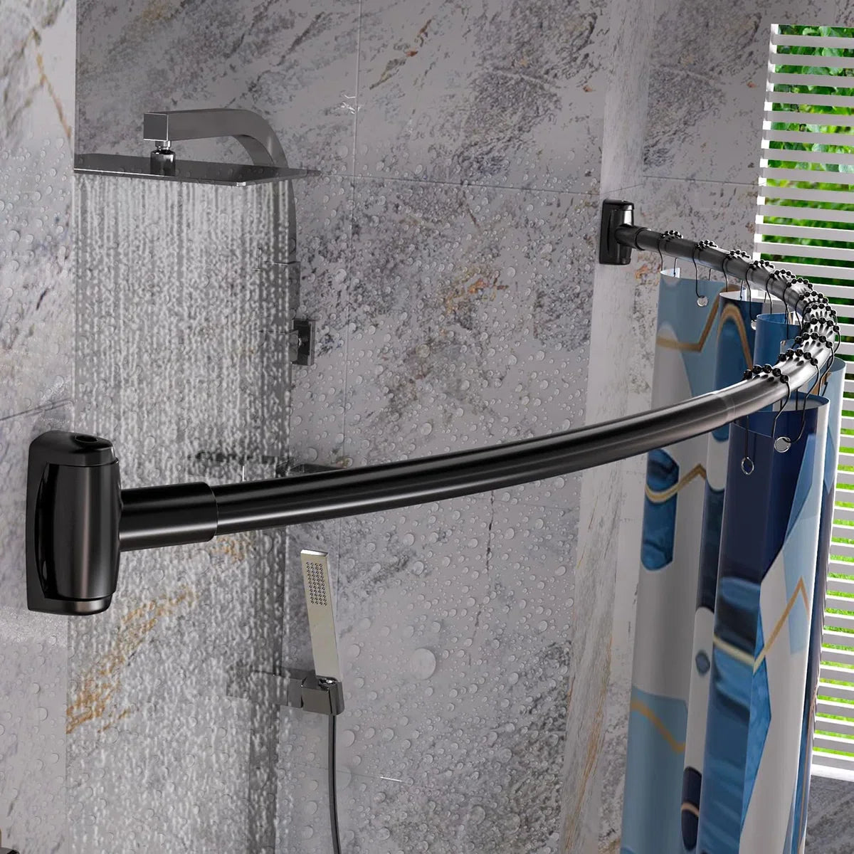 Gebogen douchegordijnroede met 12 ringen - Stevige hoekstang douchegordijn zonder plafondbeugel - Roestvrije douchegordijnroede voor in de hoek - 100-200 cm - Uitschuifbare douchegordijnroede bad & douche Zwart