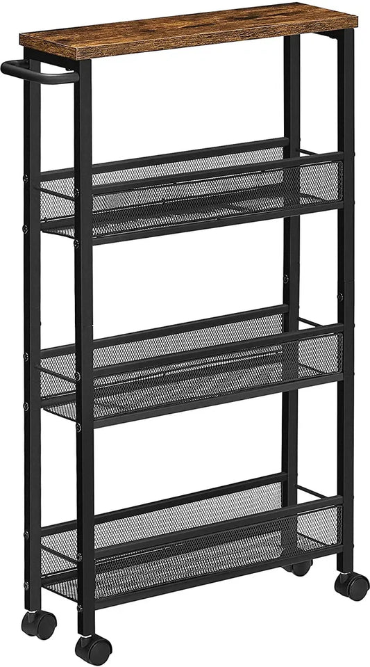Serveerwagen, Verrijdbaar Keukenrek, Smal, Keukenwagen, Verrijdbare Trolley, 360° Zwenkwielen, Metalen Frame, voor Keuken, Woonkamer, Thuiskantoor, Vintage Bruin-Zwart