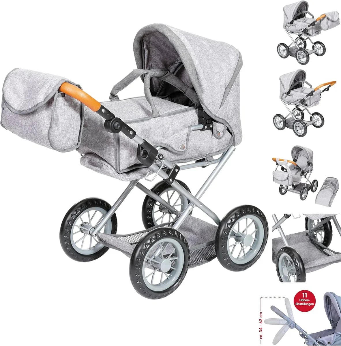 Poppenwagen Ruby-bruin, steen, 63132, grijs, 51 x 37 x 64 cm