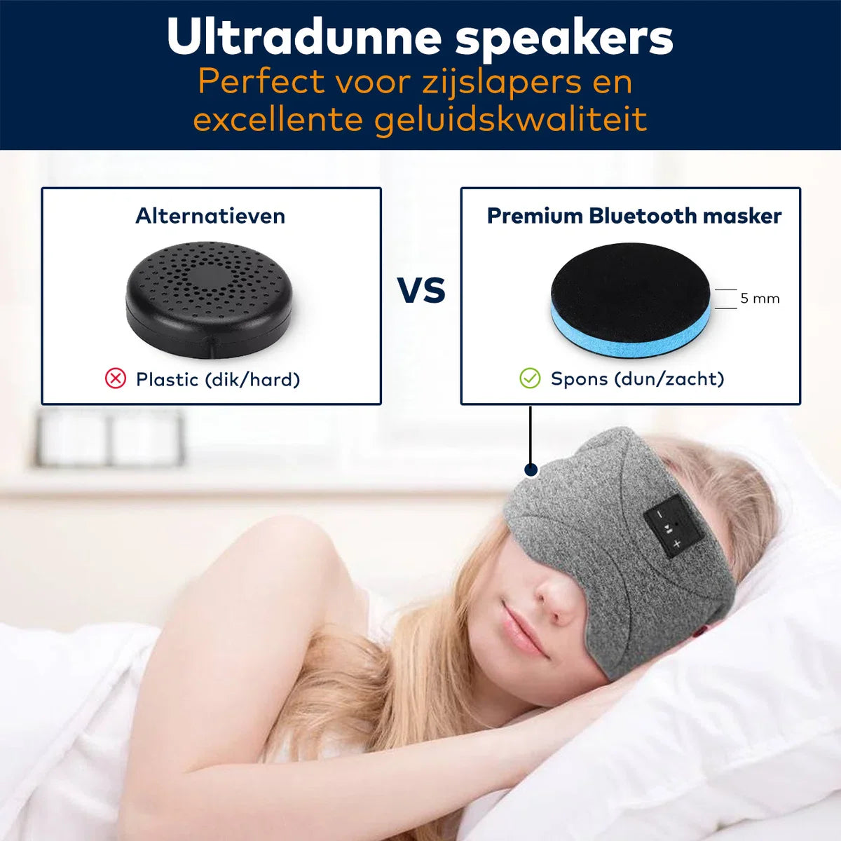 Bluetooth slaapmasker (premium) - Beste keuze - 100% verduisterend - Ultraplatte 'spons speakers' (perfect voor zijslapers) - Koel en ademend materiaal - Volledig verstelbaar - Uitstekende geluidskwaliteit - Batterij: 13 uur - Grijs