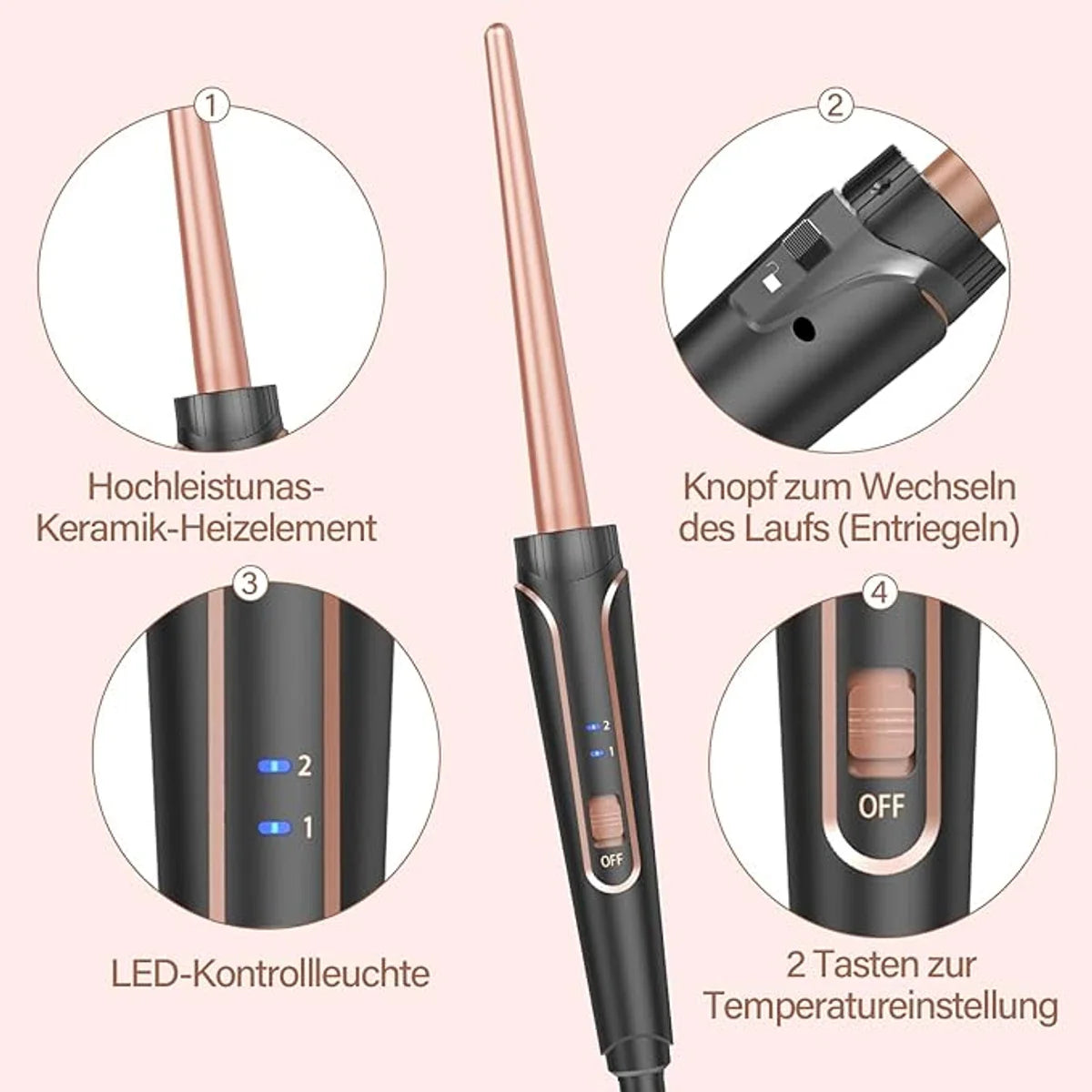 5-in-1 Krultang Set met Verschillende Opzetstukken - Voor Grote en Kleine Krullen, Keramische Krultang, Inclusief Handschoen en Clips - Roségoud