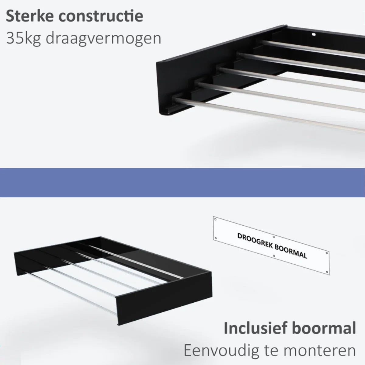 Wanddroogrek XL Zwart 100 cm - Inclusief Boormal - Droogrek Inklapbaar - Wasrek Hangend - Uitklapbaar - Ophangbaar aan de muur - 5 meter Drooglengte