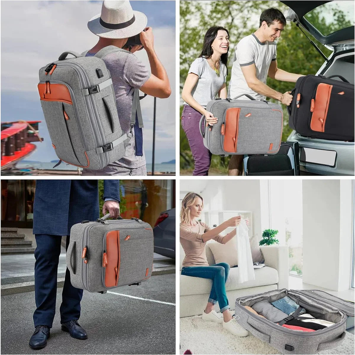 Carry-on Rugzak, Extra Grote 40L Vlucht Goedgekeurde Reisrugzak voor Mannen Vrouwen Uitbreidbare Grote Koffer Rugzak met 4 Verpakkingskubussen, Waterbestendige Bagage, Grijs (rugzak met 3)