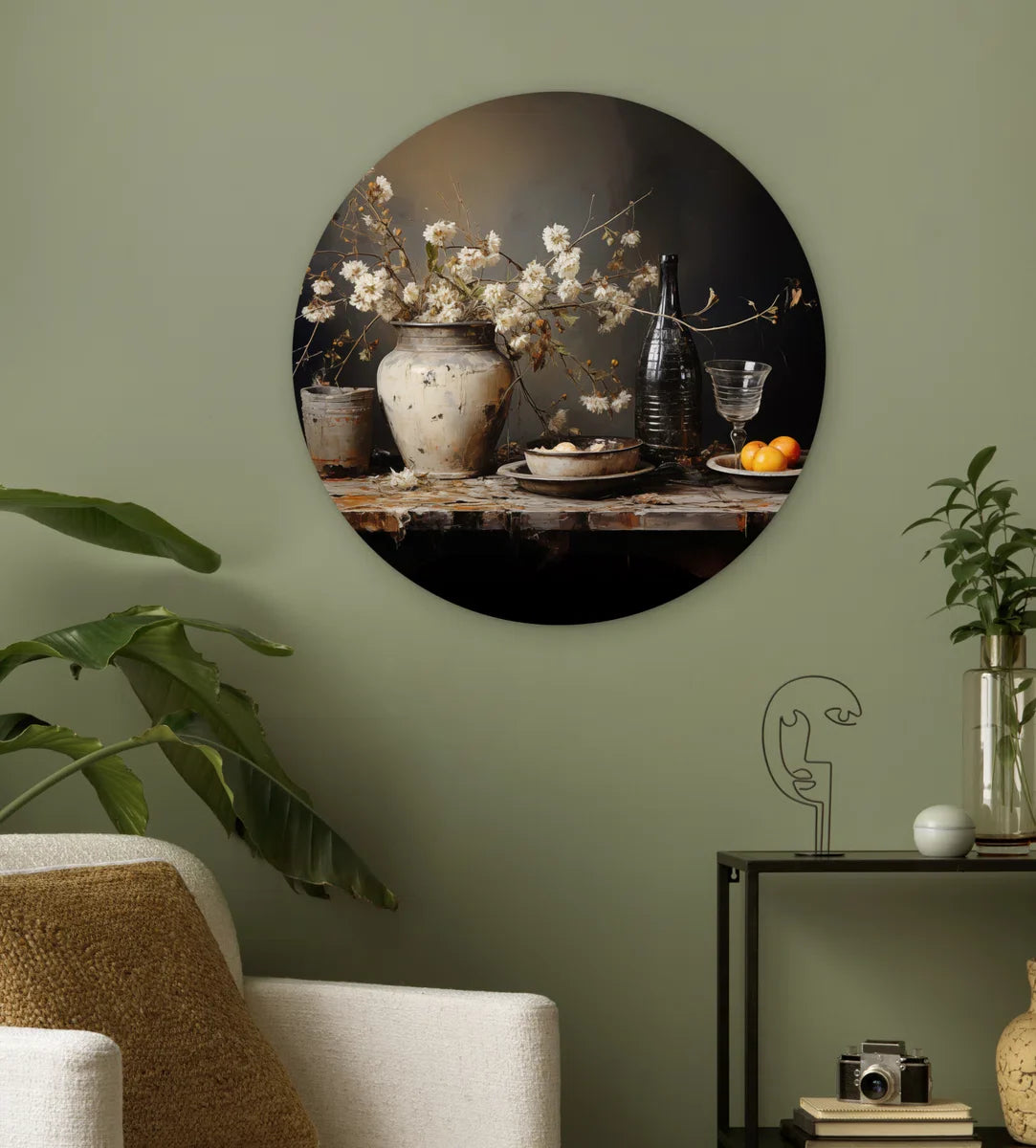 WallCircle® Wandcirkel 60x60 cm - Muurcirkel Stilleven - Bloemen - Boeket - Vaas - Wijn - Kunst - Muurdecoratie woonkamer - Wanddecoratie slaapkamer - Keuken - Kamer decoratie accessoires - Ronde schilderijen - Woonaccessoires