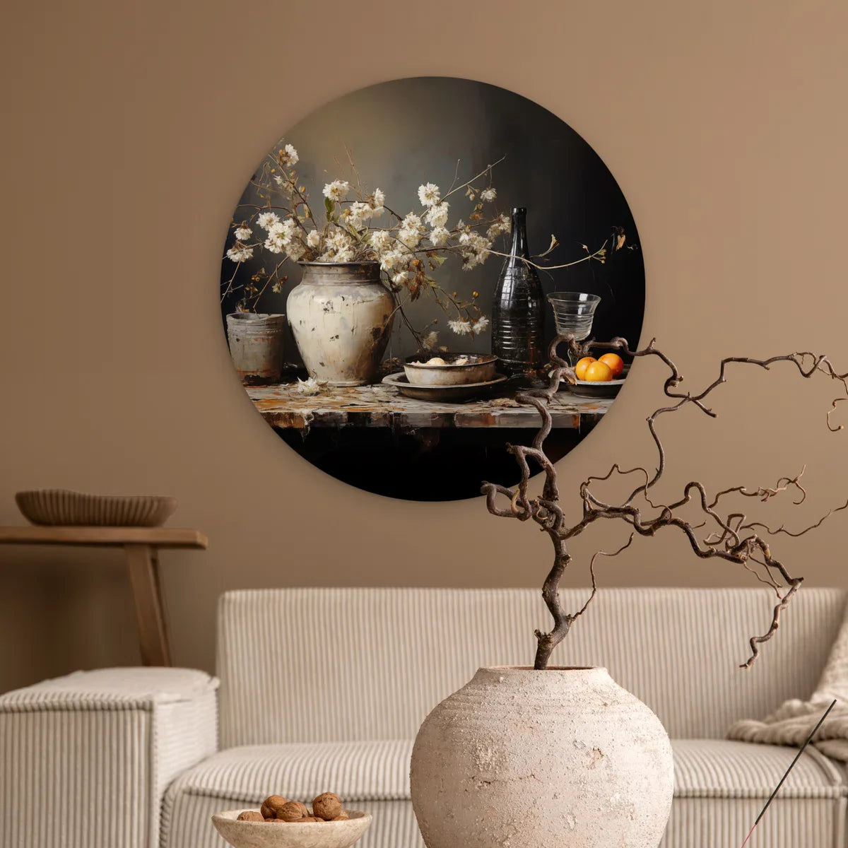 WallCircle® Wandcirkel 60x60 cm - Muurcirkel Stilleven - Bloemen - Boeket - Vaas - Wijn - Kunst - Muurdecoratie woonkamer - Wanddecoratie slaapkamer - Keuken - Kamer decoratie accessoires - Ronde schilderijen - Woonaccessoires