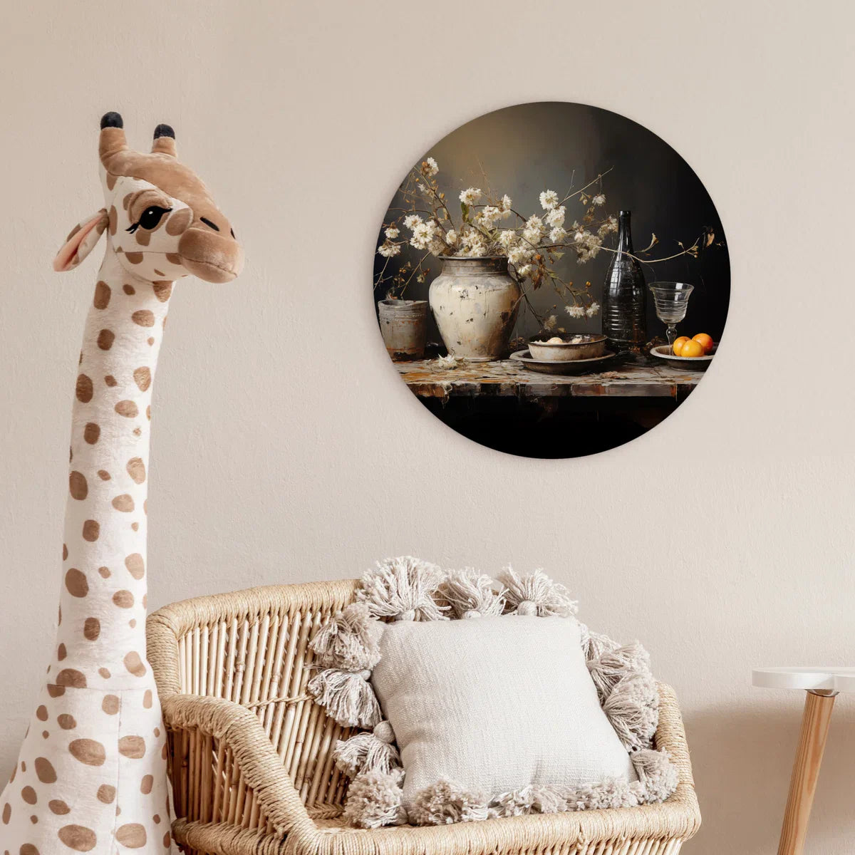 WallCircle® Wandcirkel 60x60 cm - Muurcirkel Stilleven - Bloemen - Boeket - Vaas - Wijn - Kunst - Muurdecoratie woonkamer - Wanddecoratie slaapkamer - Keuken - Kamer decoratie accessoires - Ronde schilderijen - Woonaccessoires