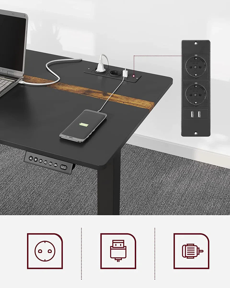 Height-Adjustable Desk - Electric Desk - With Power Outlets - Steplessly Adjustable - 60 x 140 cm - Black