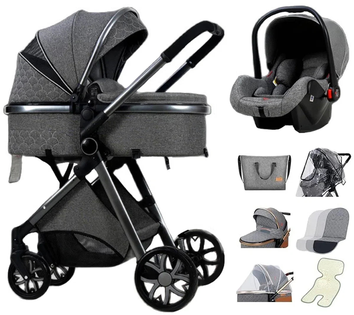 Luxury Multi-functional 3-in-1 Combi Stroller – High-Quality Buggy – Foldable Pushchair – Dark Grey – Incl. Car Seat