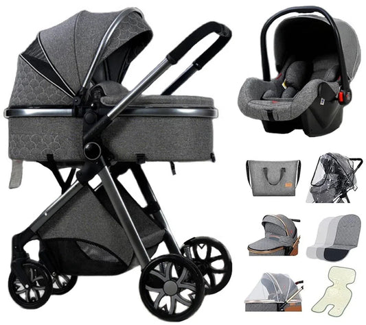 Luxury Multi-functional 3-in-1 Combi Stroller – High-Quality Buggy – Foldable Pushchair – Dark Grey – Incl. Car Seat