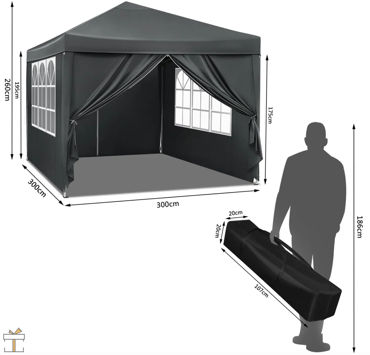 Happyment Partytent met zijwanden - Antraciet - Opvouwbaar - Easy up - Paviljoen - Waterdicht weerbestendig - 3x3 m