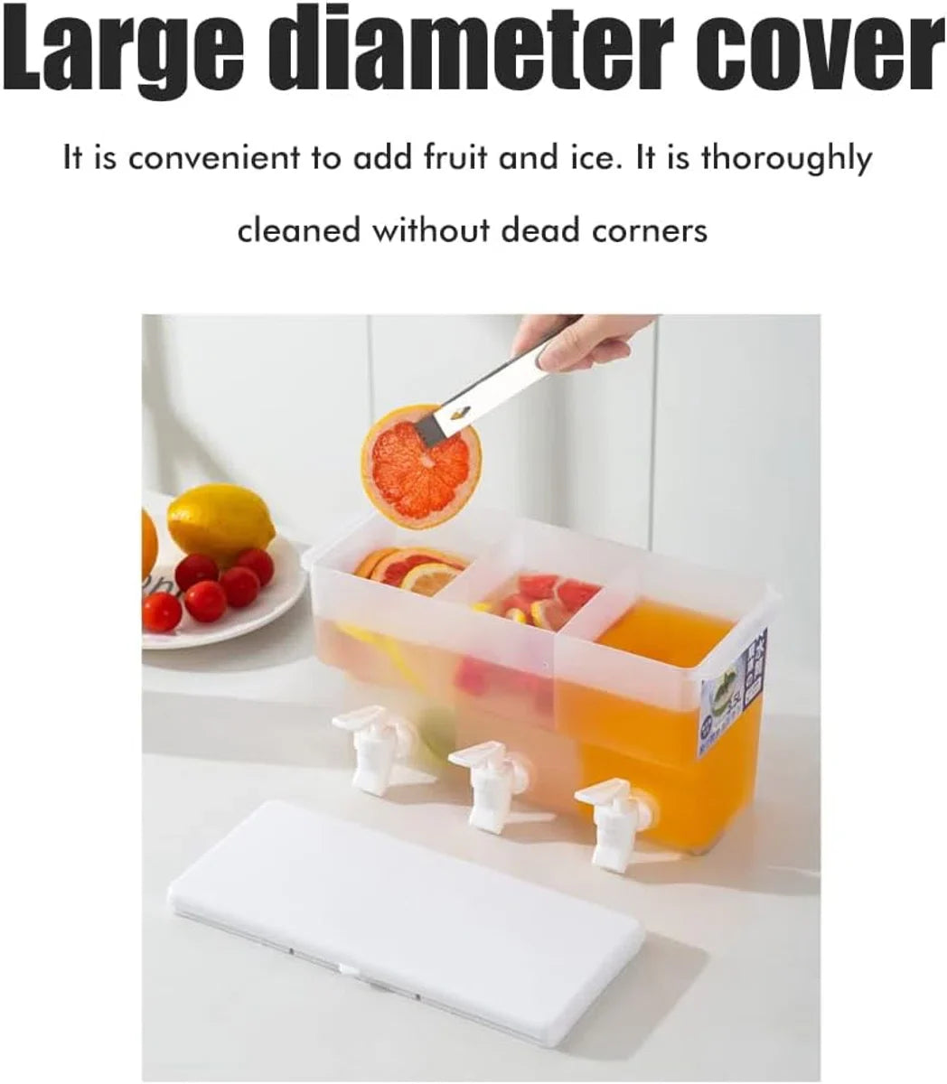 3,5 liter koelkast waterdispenser met kraan, plastic drankdispenser, plastic drankdispenser met 3 compartimenten, ijswatercontainer voor zomerse sappen, koud water, ijsthee, melk, bier.