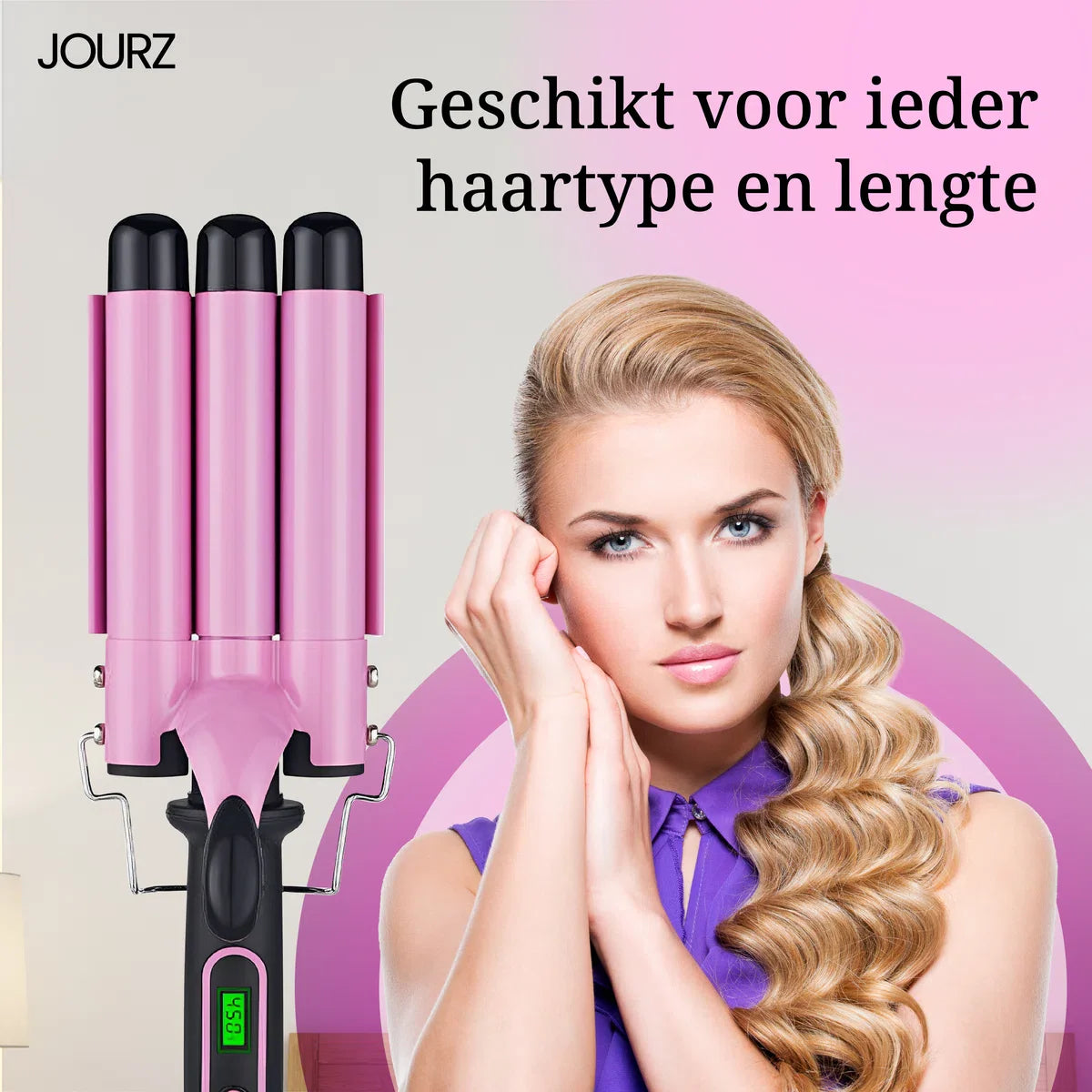 Jourz Wafeltang - 3 Stangen - Krultang Haar - Golvenkrultang - Beach Waves - Wave Krultang - Waver - Hair Curler - Curling Iron - Met Beschermingshandschoen - Zwart/Roze