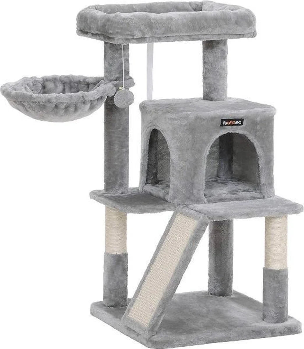 Large Cat Tree for Multiple Cats, Cat Condo with Hammock, Cat Scratching Post, 143 cm, Light Grey