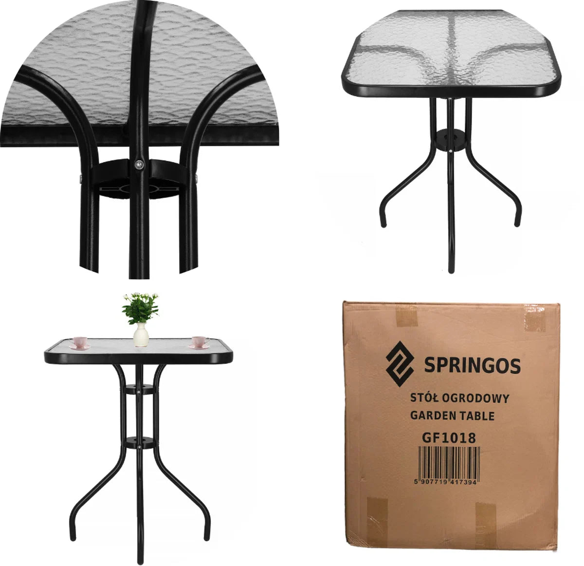 Springos Tuin table | Outdoor table | Side table Outdoor | Metal | Tempered Glass | Square | 60 x 60 x 70 cm | Black