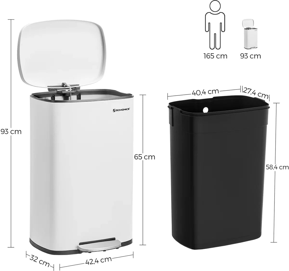 Vibe Prullenbak - Afvalbak 50 liter - Soft Close Prullenbakken - Pedaalemmer van Staal - met binnenemmer en deksel - Romig Wit