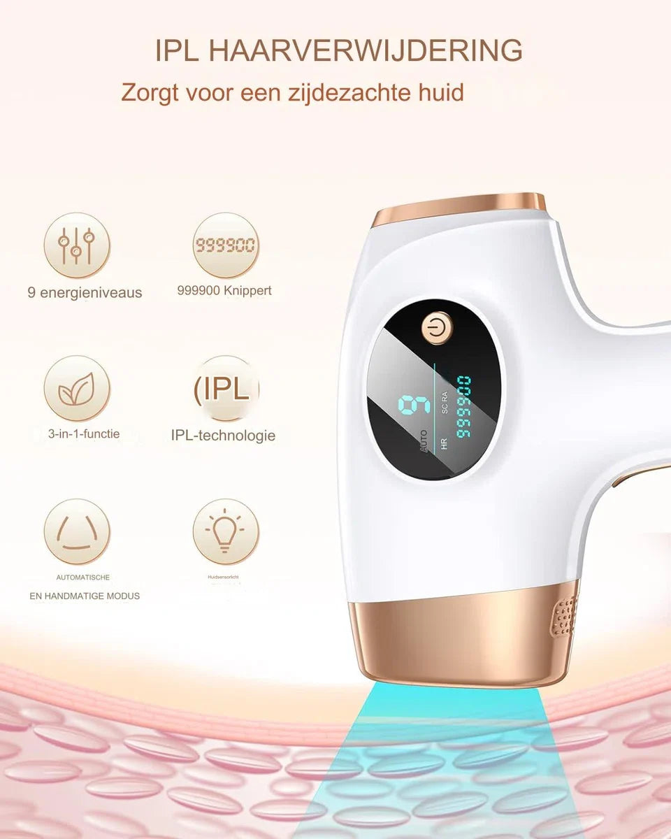 IPL Laser Hair Removal Device with 999,900 Flashes - 9 Energy Levels - Large Treatment Area 4 cm² - Painless Hair Removal for Men and Women - Includes Skin Rejuvenation and Acne Treatment - Suitable for Face, Body, Bikini Line and Armpits