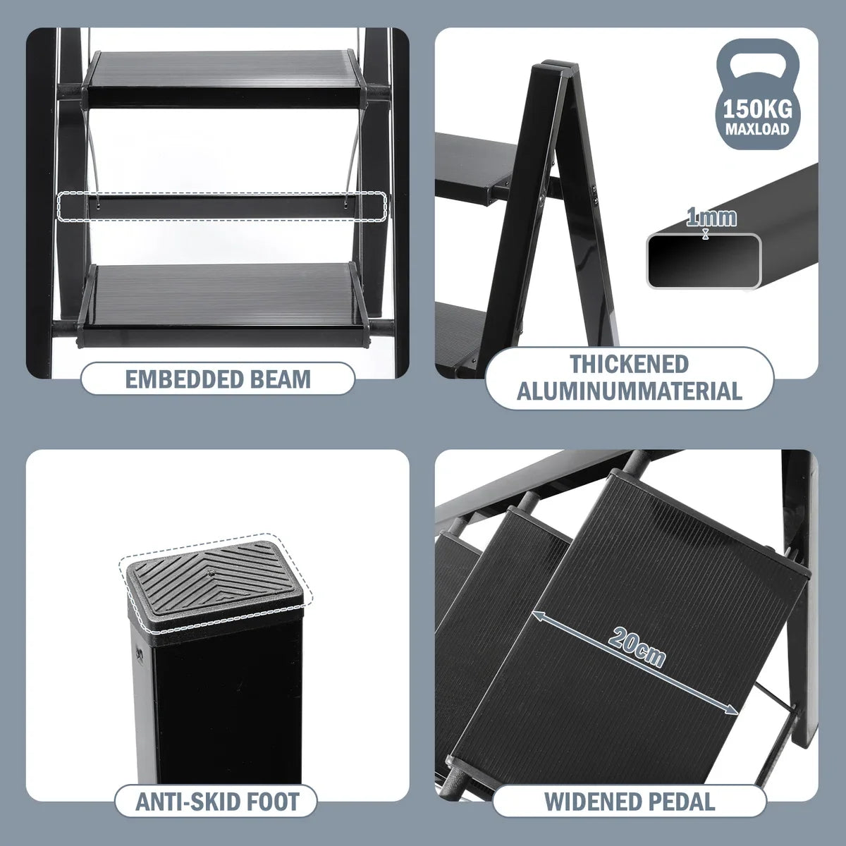 Trapladder Opvouwbare ladder 4 Treden Keukentrap Inklapbaar - Antislip - Trap Ladder Alu Zwart