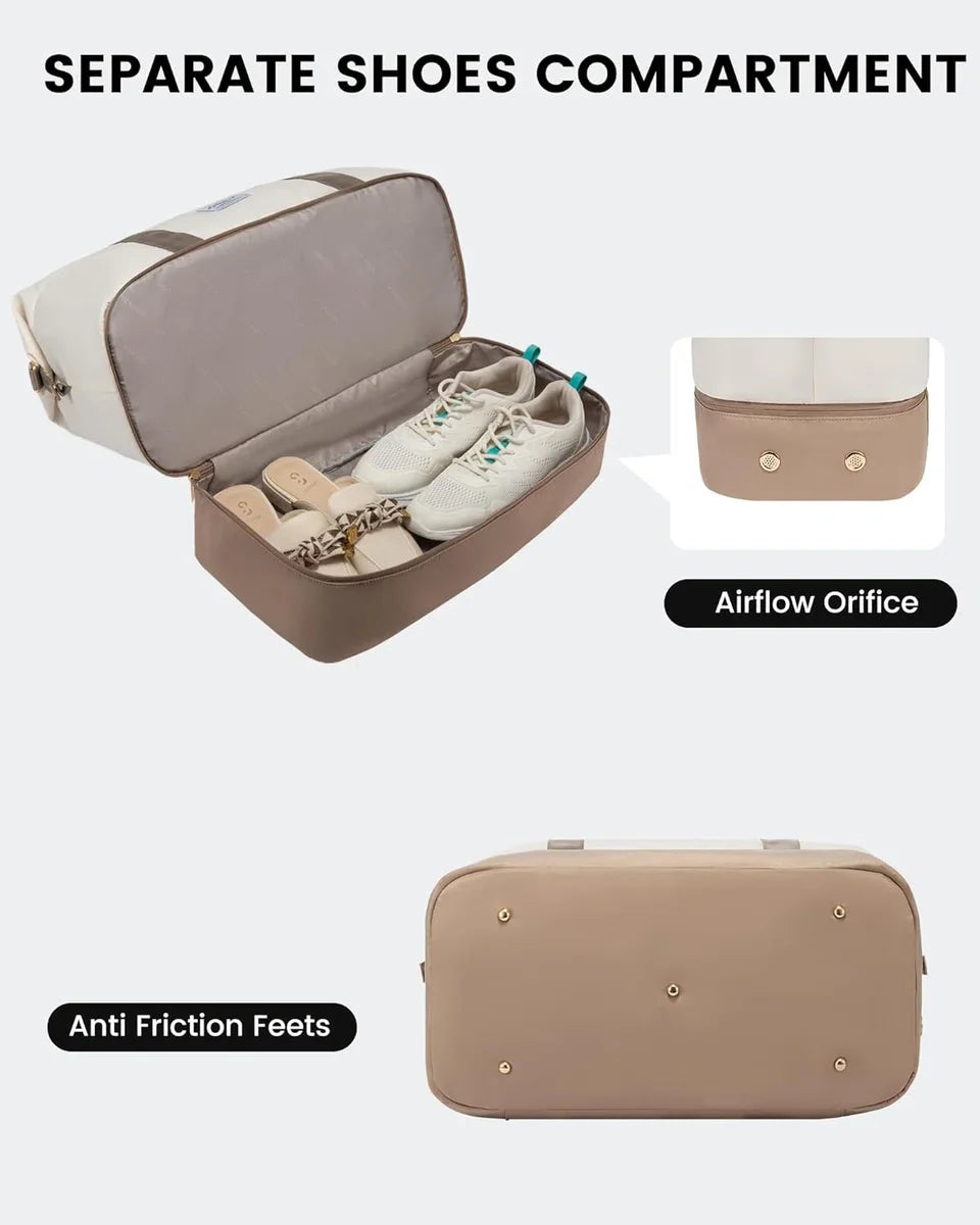 Women's Travel Bag 2 Piece - Beige/Brown - Large Weekend Bag with Toiletry Bag - Carry-on Bag, Sports Bag, Shoulder Bag - 46 x 22 x 41 cm - Handbag with Shoulder Strap - Gold Details - Water Resistant - Shoe Compartment - 2-Piece Travel Set