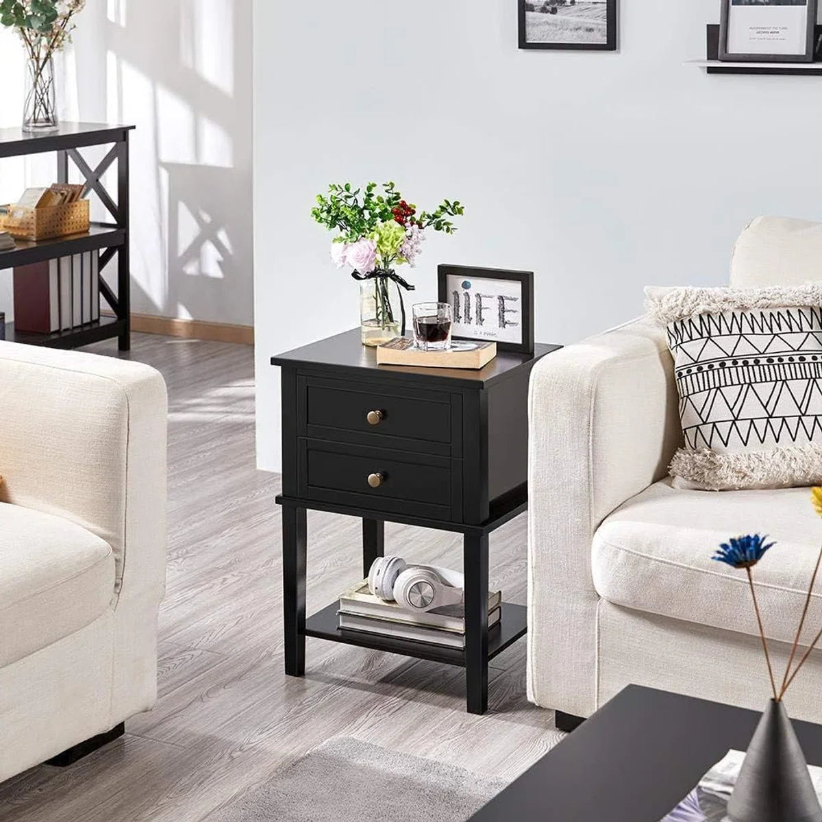 Set of 2 nightstands, night tables, with 2 drawers and shelf, side table, modern nightstand for bedroom/living room, black